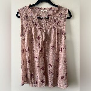 Mystree Pink Smocked Tie‎ Front Tank Top Blouse Women L Floral Semi Sheer Summer